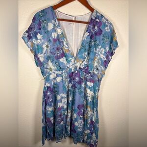 Free People Dress Medium Blue Floral Freddy Mini Cottage Deep V Neck M Oversized